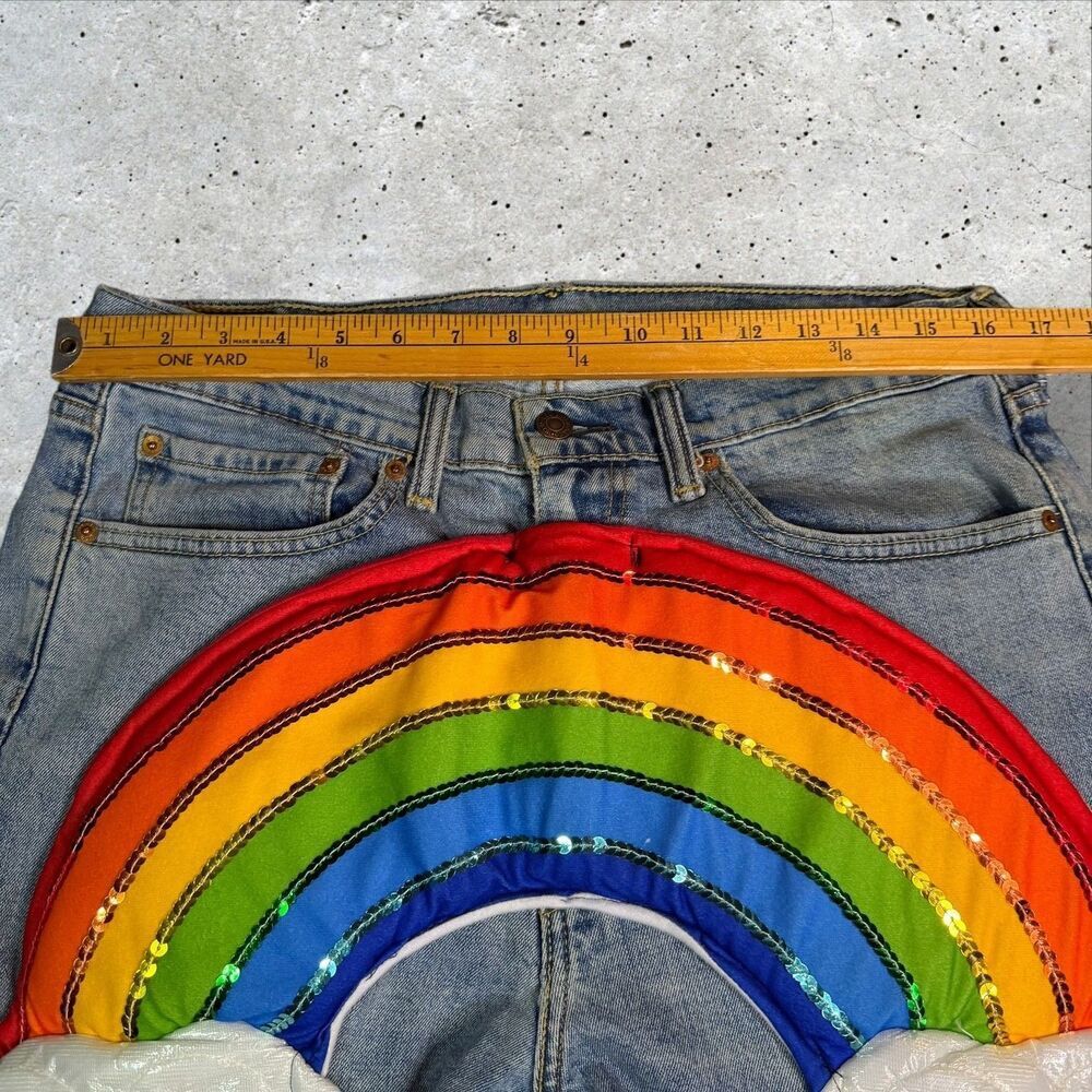 Custom Levi’s 505 Rainbow Jeans 34x30 Hand Sewn Applique Clouds - Picture 11 of 12